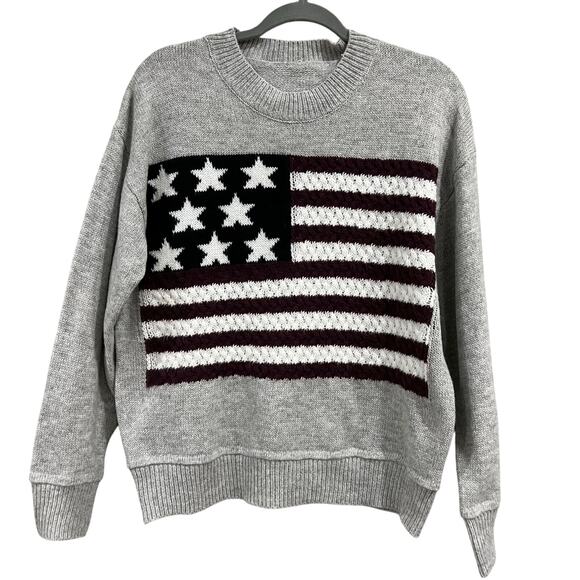 Women's Gray USA Flag Thick Knit Crew Neck Sweater Medium - Picture 1 of 3